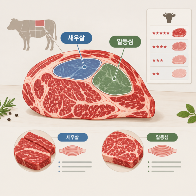 AI 생성 설명 이미지: 안산일동맛집 유니드정육식당 | 꽃등심의 새우살·알등심과 등급 구분하기